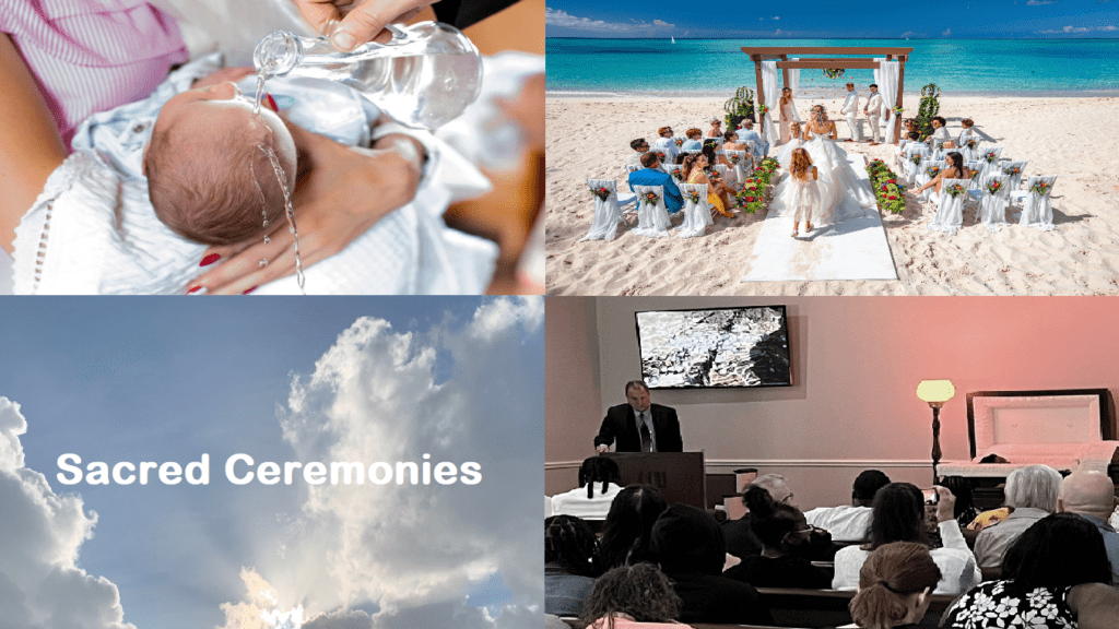 A collage of different pictures with the word ceremonies written in white.